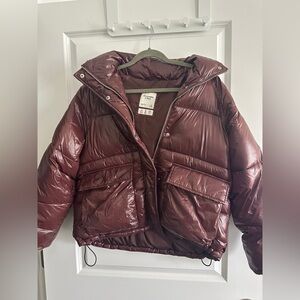 Oversized Abercrombie puffer jacket, burgundy, size xs